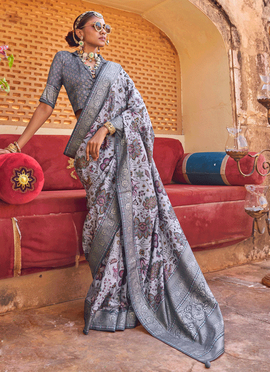 Smoke Grey Floral Printed Designer Silk Saree