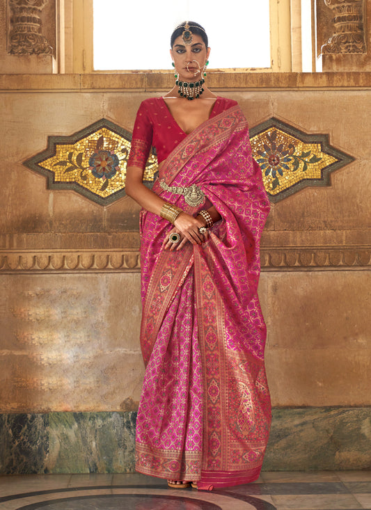 Rani Pink Silk Jacquard Woven Saree
