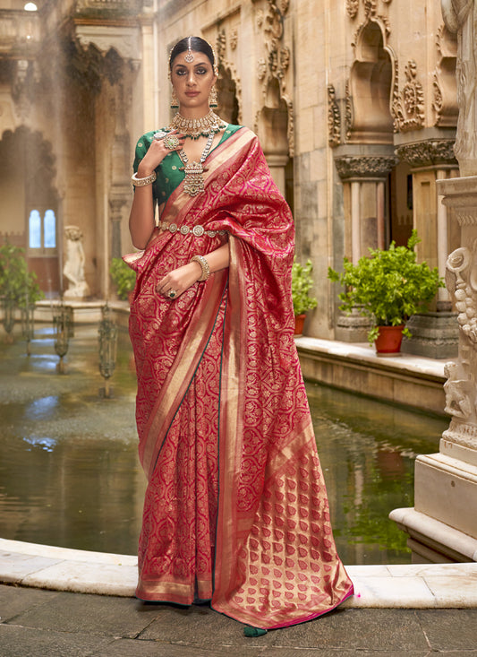 Carrot Red Silk Woven Saree for Festival