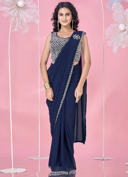 Navy Blue Embellished Motif Ready to Wear Saree