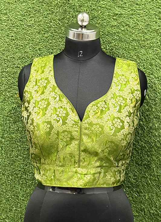 Olive Green silk weaving print readymade blouse