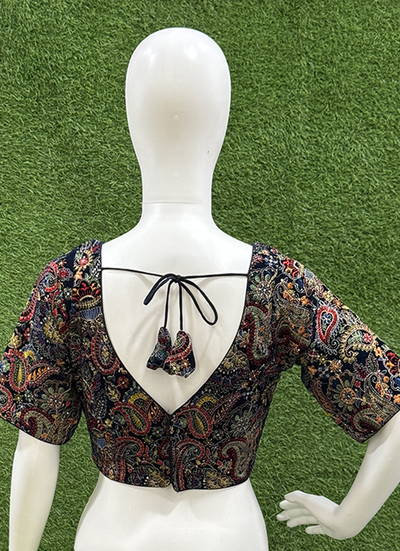 Blue velvet Heavy Embroidery readymade blouse
