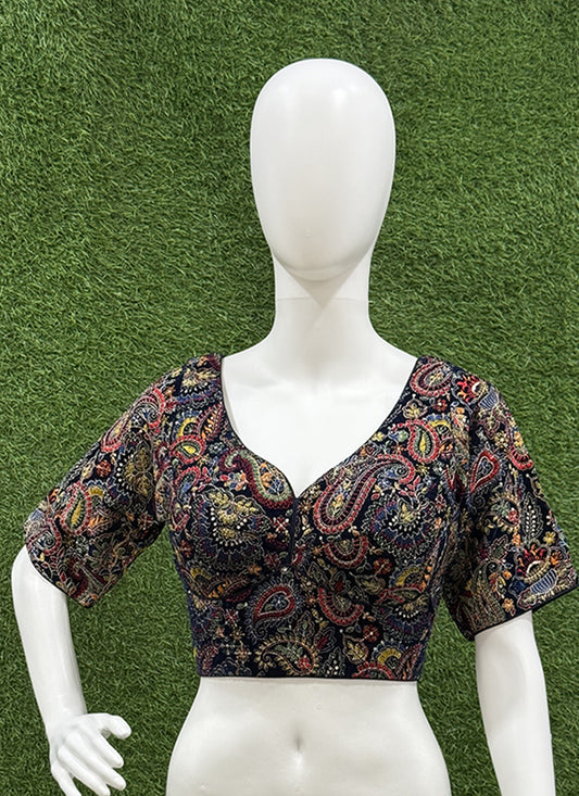 Blue velvet Heavy Embroidery readymade blouse