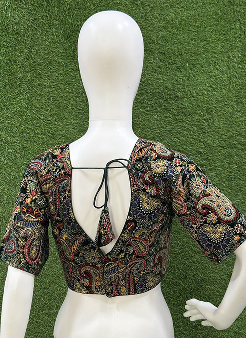 Bottle Green  velvet Heavy Embroidery readymade blouse