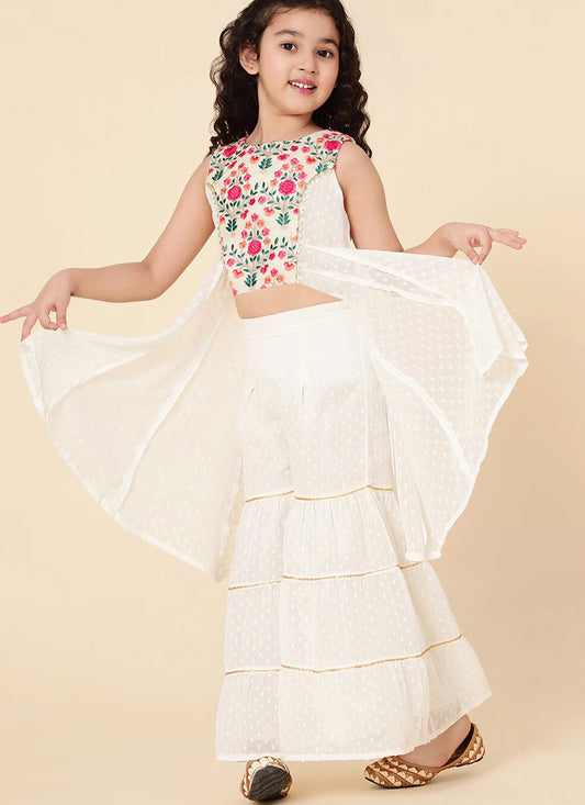 Off White Floral Embroidered Girls Sharara Suit