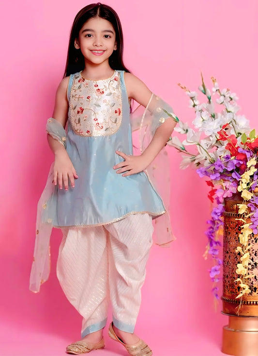 Pista Green Embroidered Girls Kurta with Dhoti and Dupatta