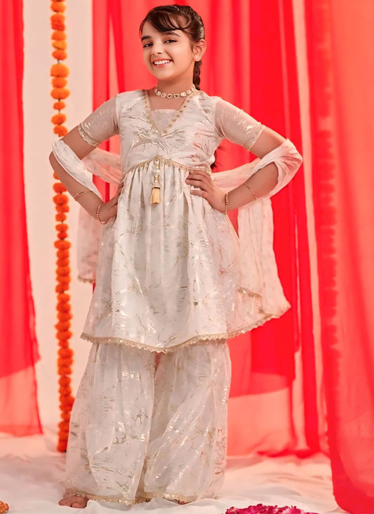 White Foil Print Girls Kurta with Sharara and Duptta