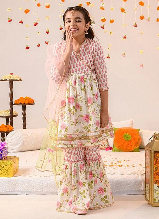 Off White Floral Print Girls Kurta with Sharara and Duptta