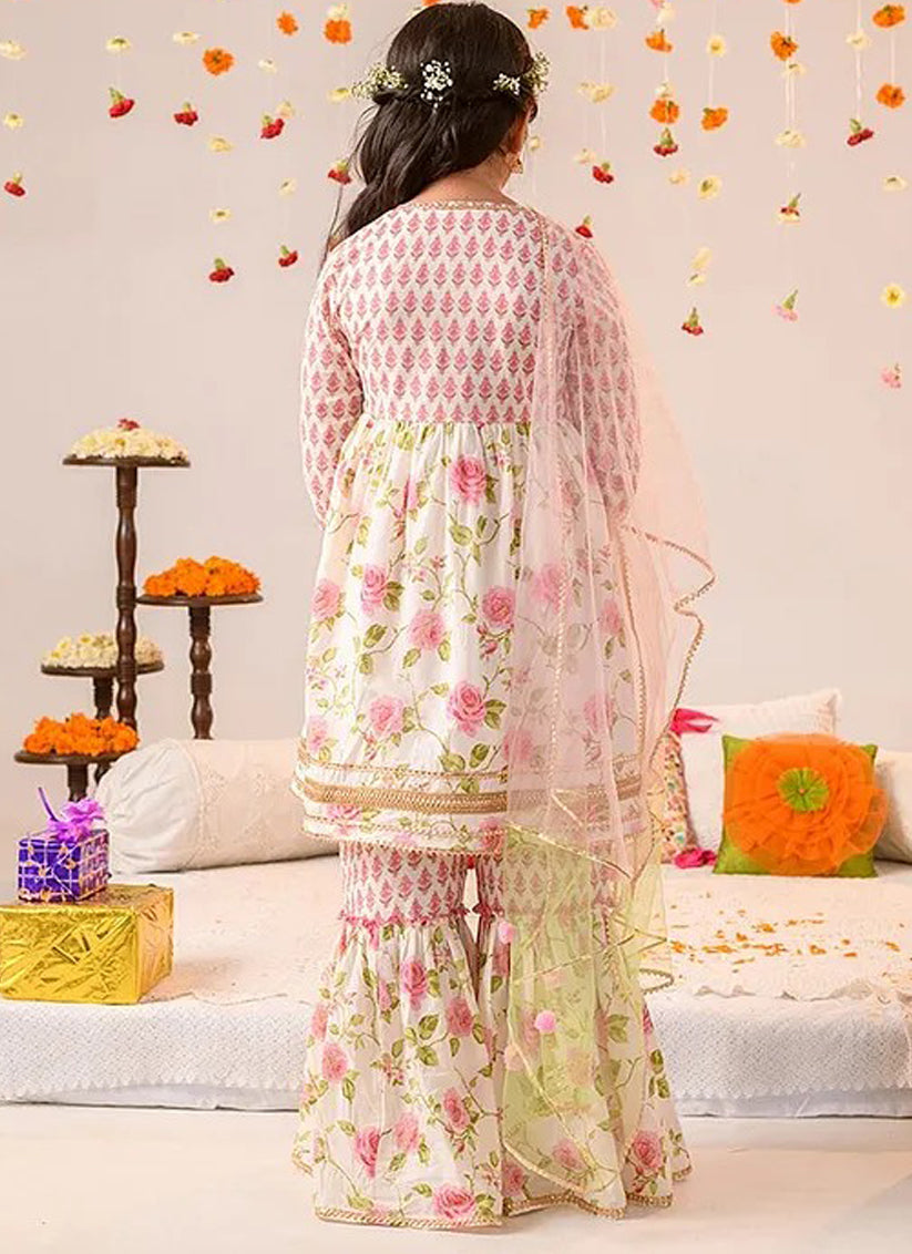 Off White Floral Print Girls Kurta with Sharara and Duptta