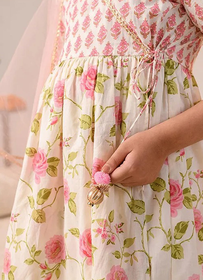 Off White Floral Print Girls Kurta with Sharara and Duptta