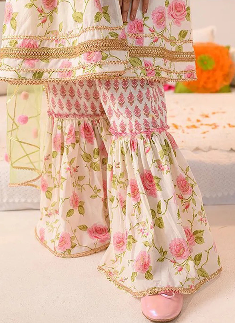 Off White Floral Print Girls Kurta with Sharara and Duptta