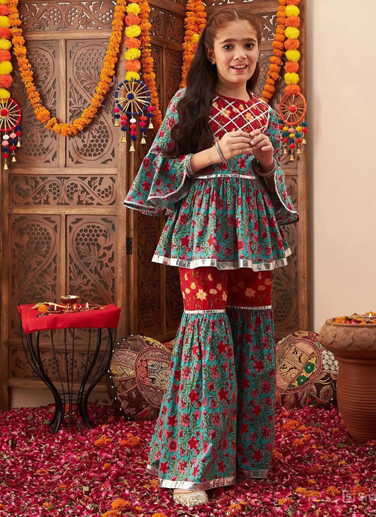 Turquoise Floral Print Cotton Girls Sharara Suit