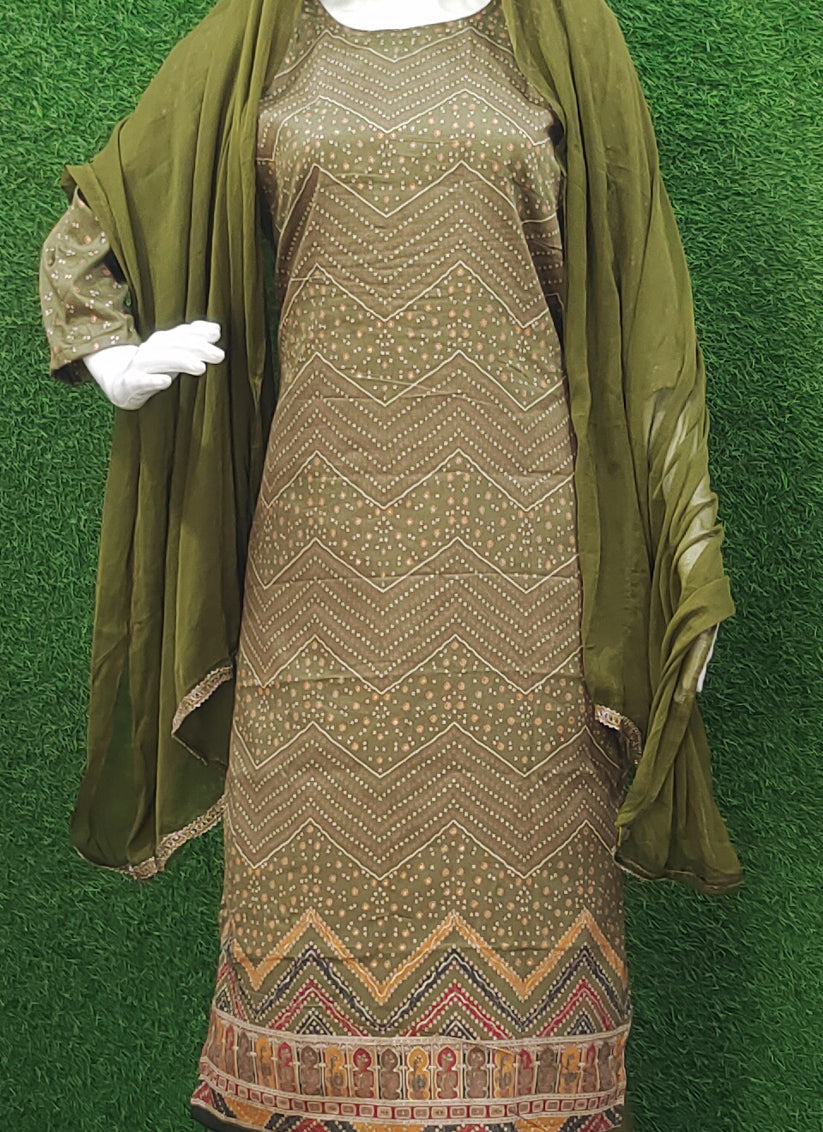 Olive Green Rayon Bandhani Print Salwar Suit