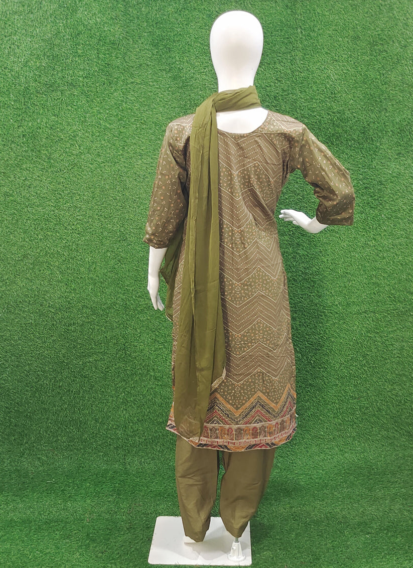 Olive Green Rayon Bandhani Print Salwar Suit
