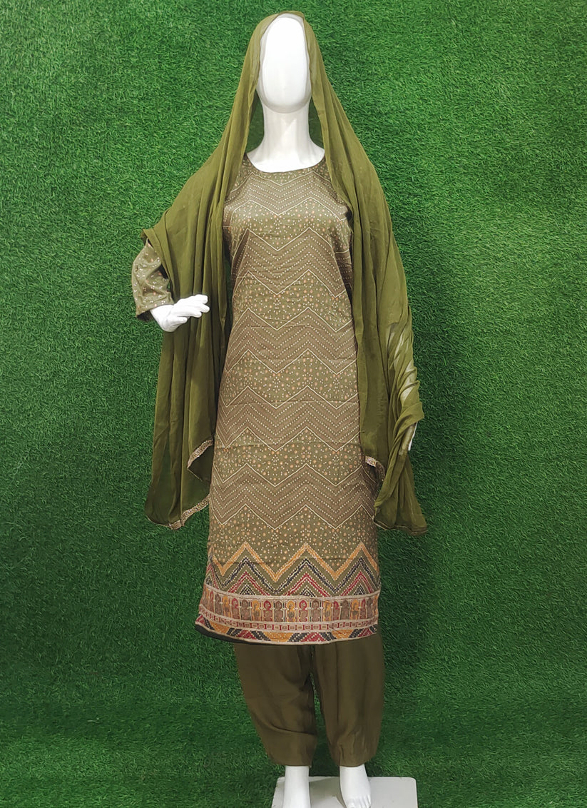 Olive Green Rayon Bandhani Print Salwar Suit