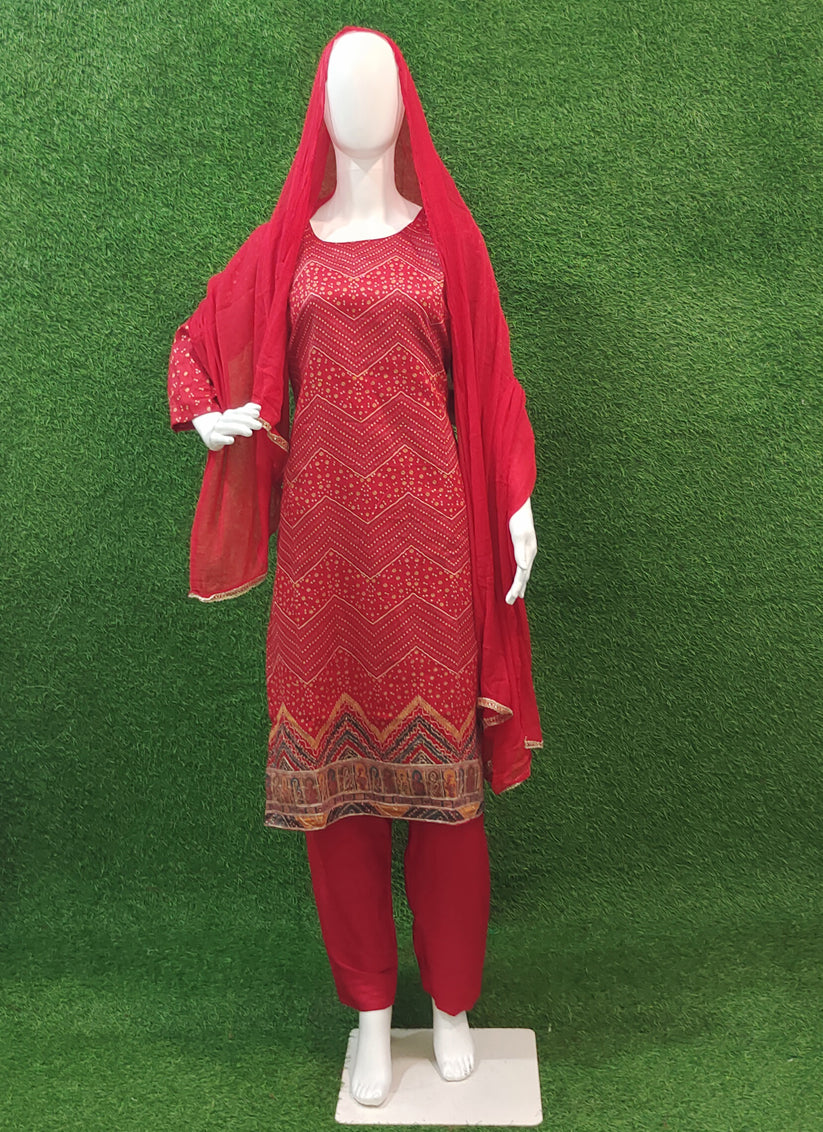 Red Rayon Bandhani Print Salwar Suit