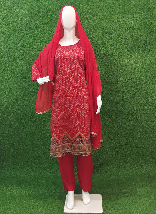 Red Rayon Bandhani Print Salwar Suit