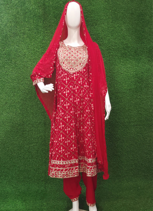 Red Rayon Anarkali Style Salwar Suit