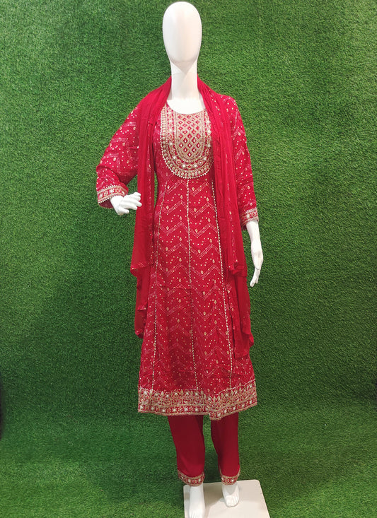 Red Rayon Embroidered Anarkali style Salwar suit