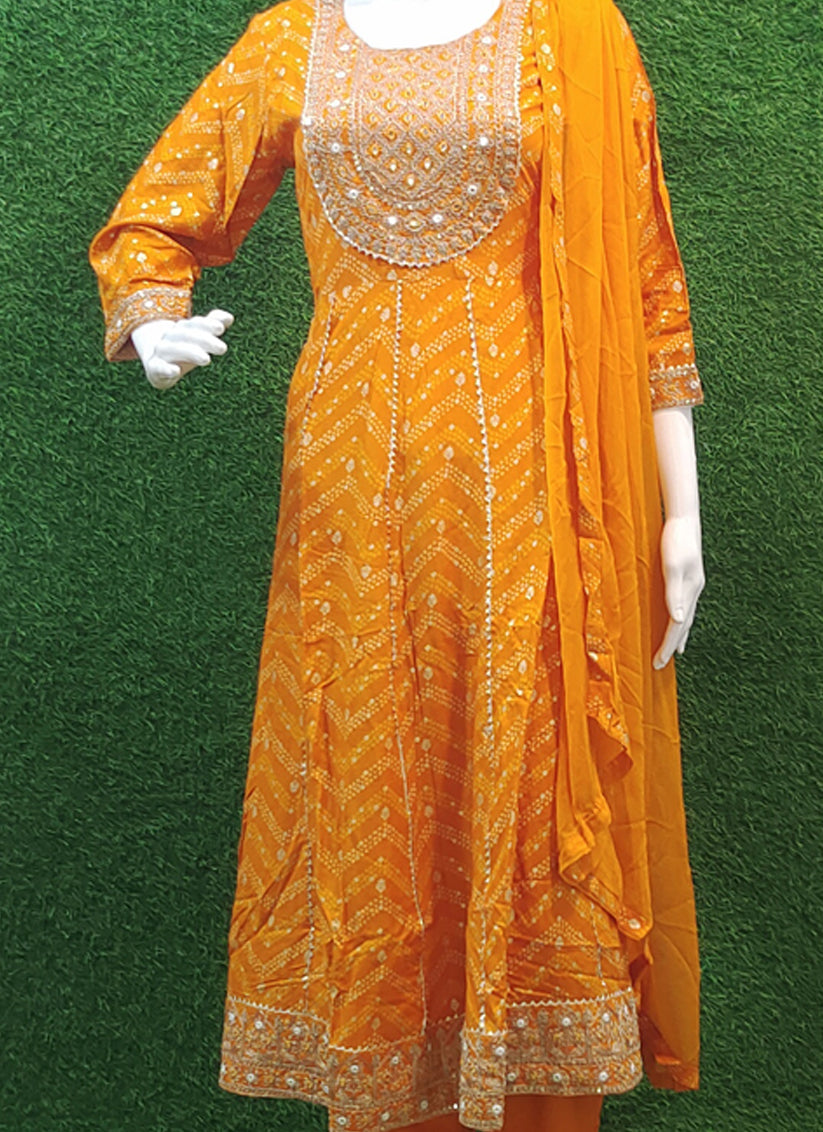 Golden Yellow Rayon Embroidered Anarkali style Salwar suit