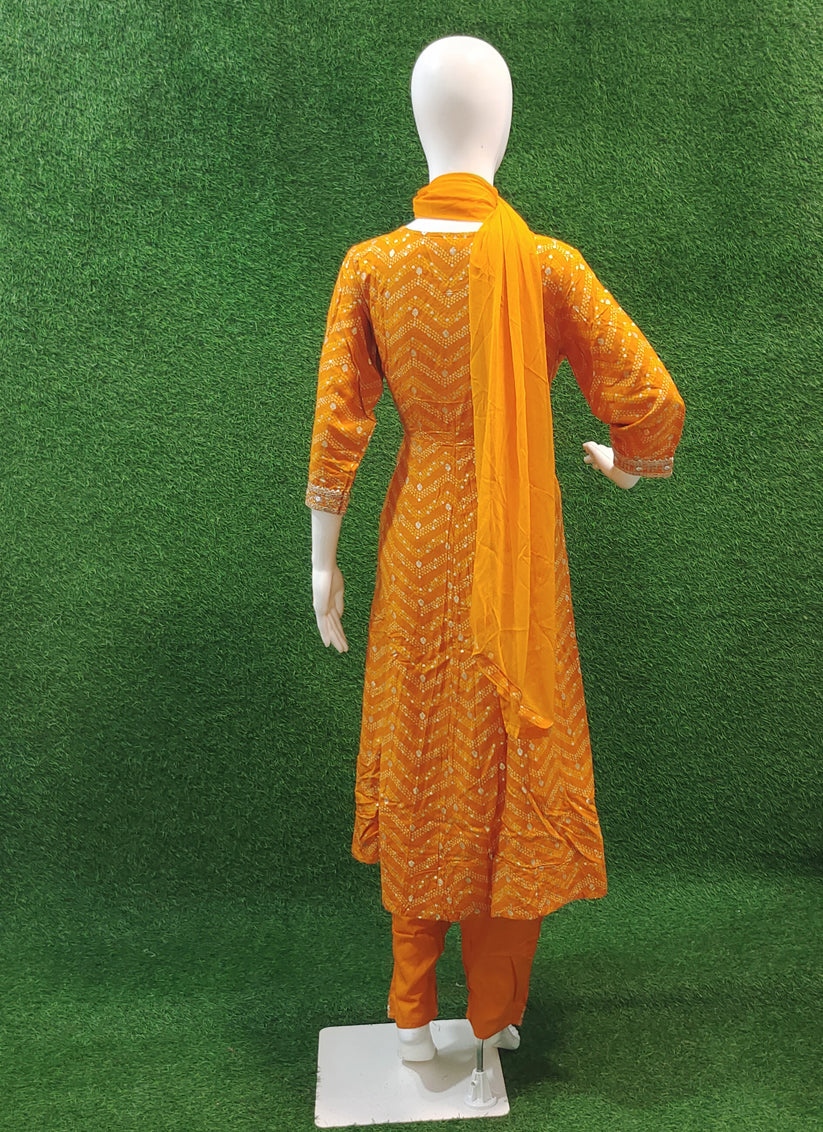 Golden Yellow Rayon Embroidered Anarkali style Salwar suit