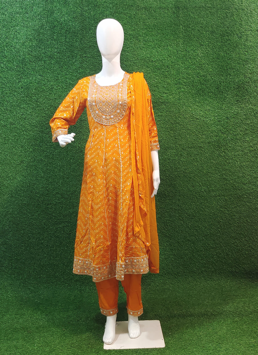 Golden Yellow Rayon Embroidered Anarkali style Salwar suit