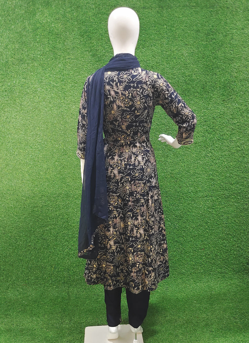 Navy Blue Rayon Embroidered  Anarkali Style Salwar Suit