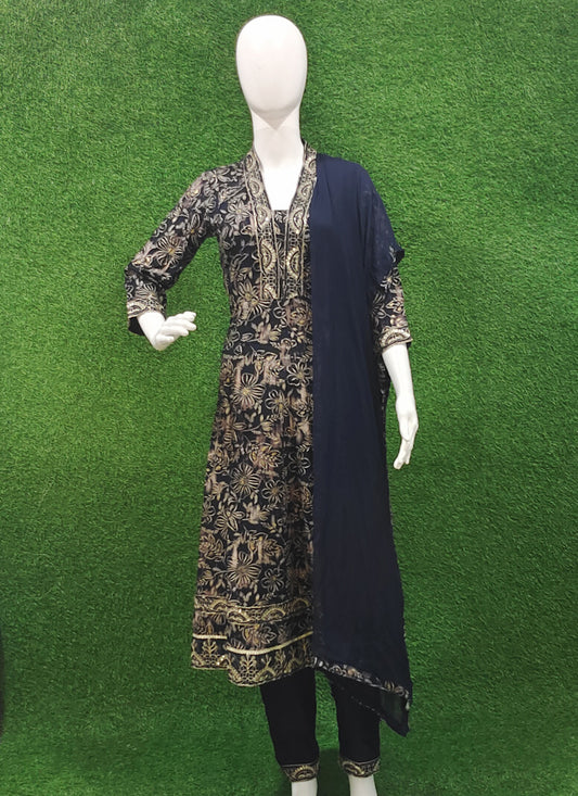 Navy Blue Rayon Embroidered  Anarkali Style Salwar Suit