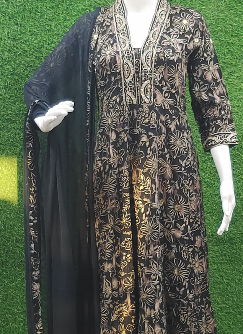 Black Rayon Embroidered  Anarkali Style Salwar Suit