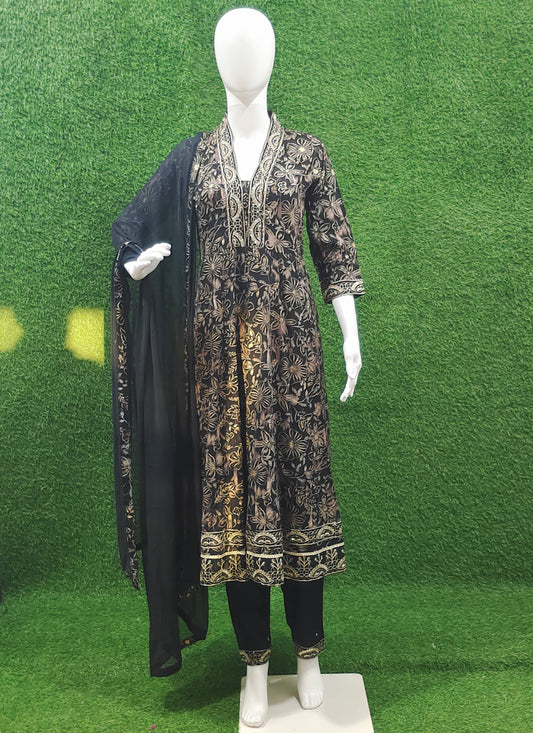 Black Rayon Embroidered  Anarkali Style Salwar Suit
