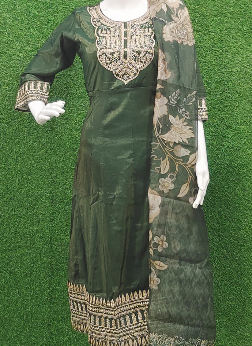 Olive Green Viscose Silk Anarkali Style Salwar Suit