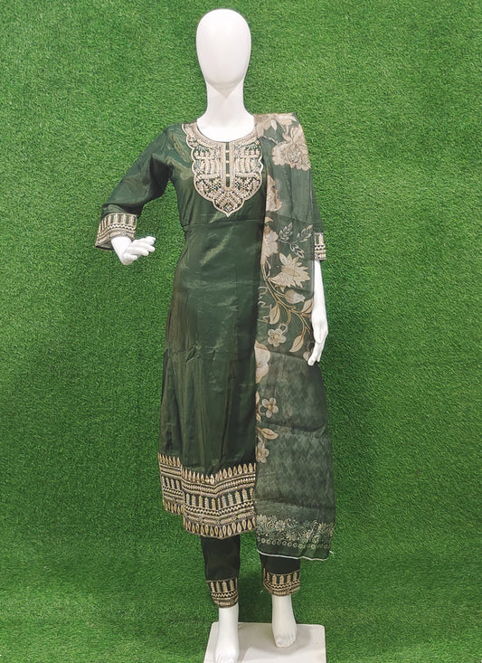 Olive Green Viscose Silk Anarkali Style Salwar Suit