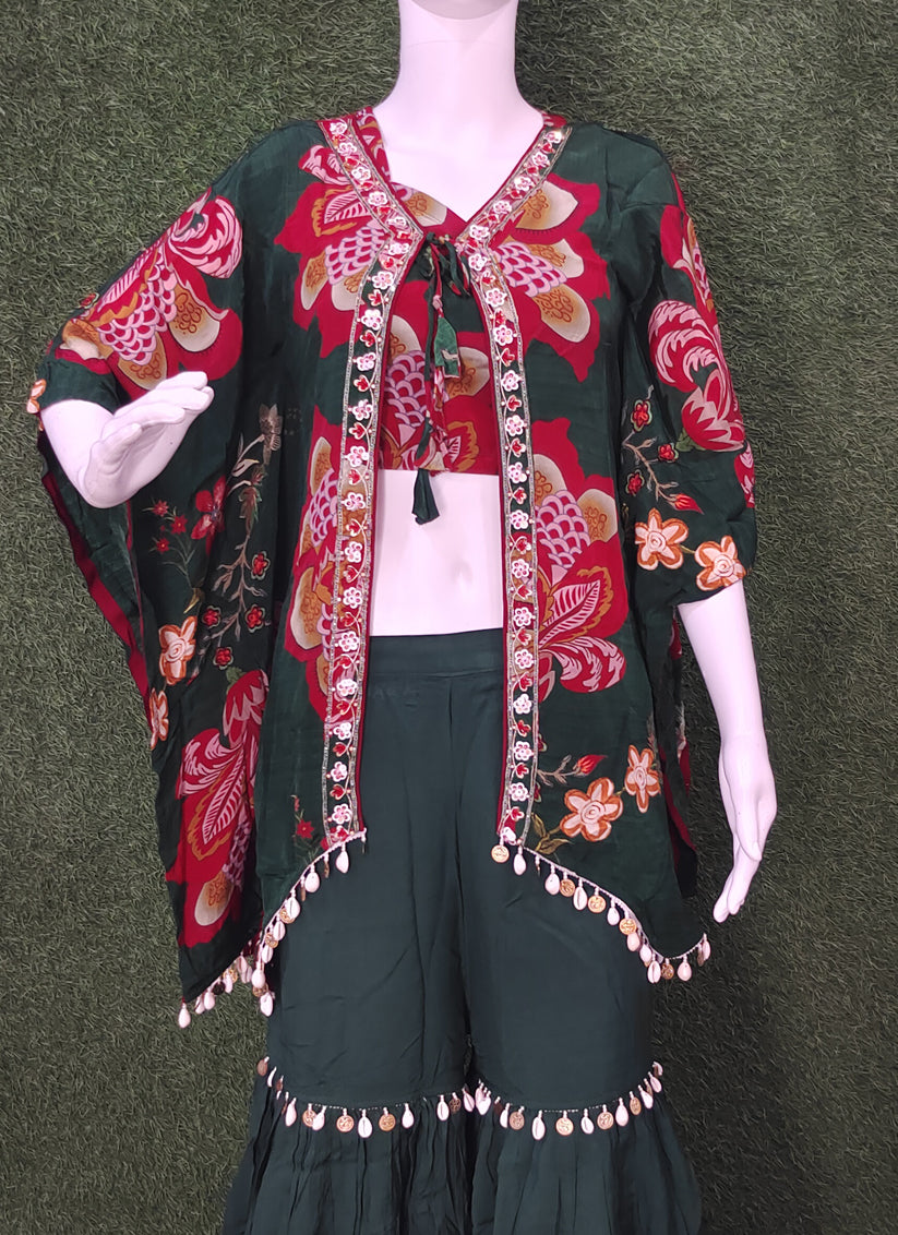 Forest Green Embroidered 3 Piece Indo Western