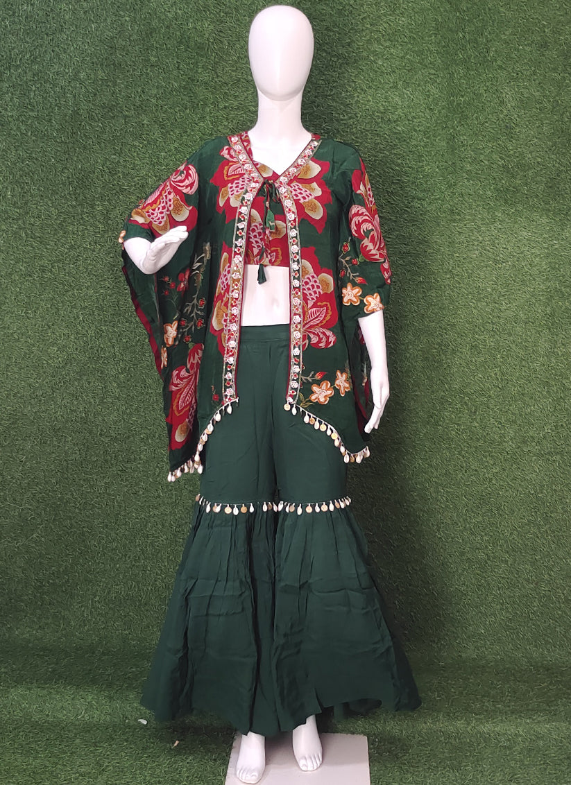 Forest Green Embroidered 3 Piece Indo Western