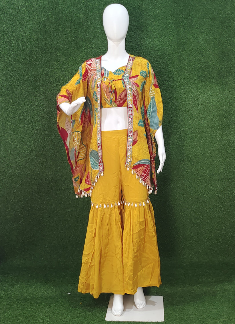 Bright Yellow Embroidered 3 Piece Indo Western
