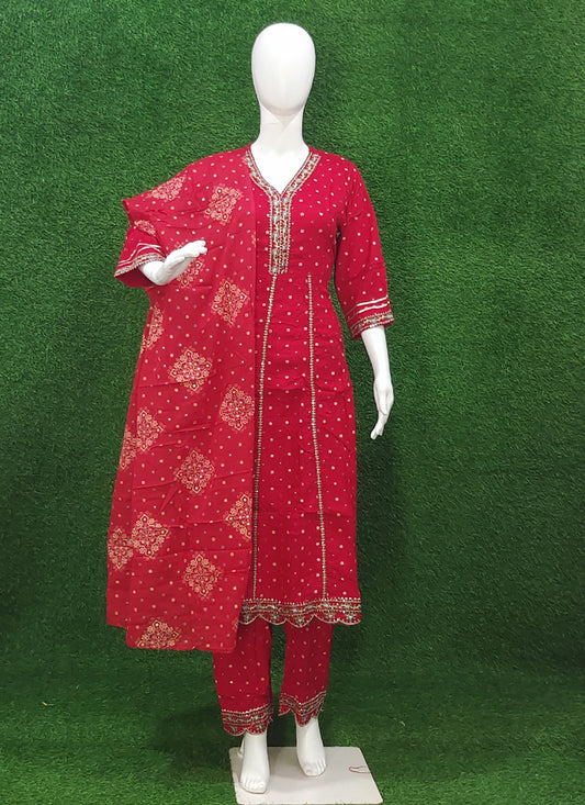 Red Rayon Cotton Anarkali Style Salwar Suit