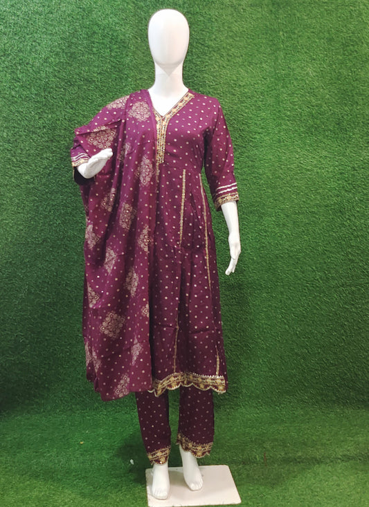 Wine Rayon Cotton Anarkali Style Salwar Suit