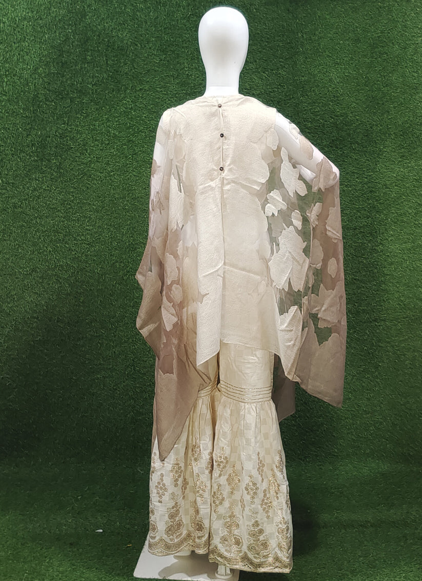 Off White & Beige Cotton Embroidery 3 Piece Indo Western