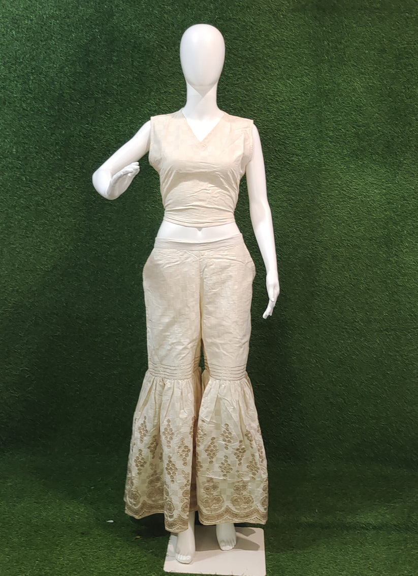 Off White & Beige Cotton Embroidery 3 Piece Indo Western