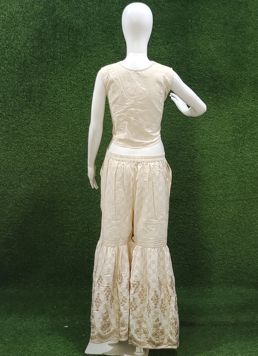 Off White & Beige Cotton Embroidery 3 Piece Indo Western