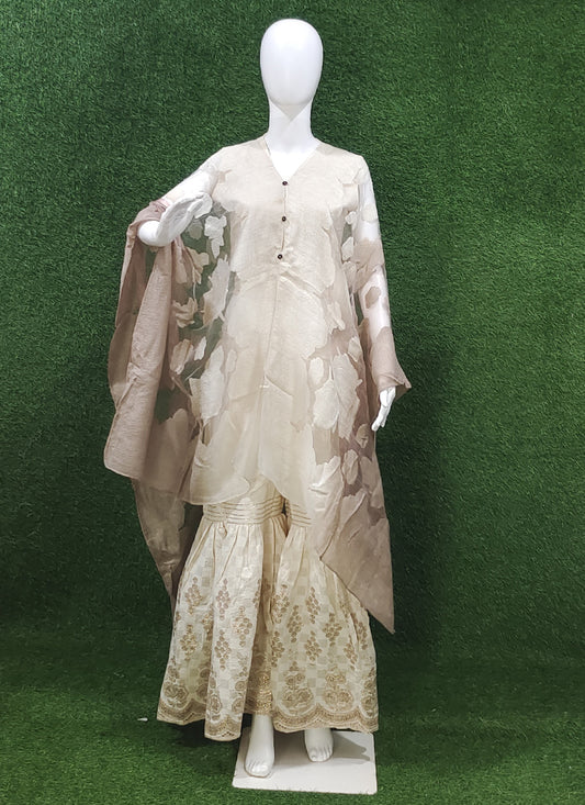 Off White & Beige Cotton Embroidery 3 Piece Indo Western
