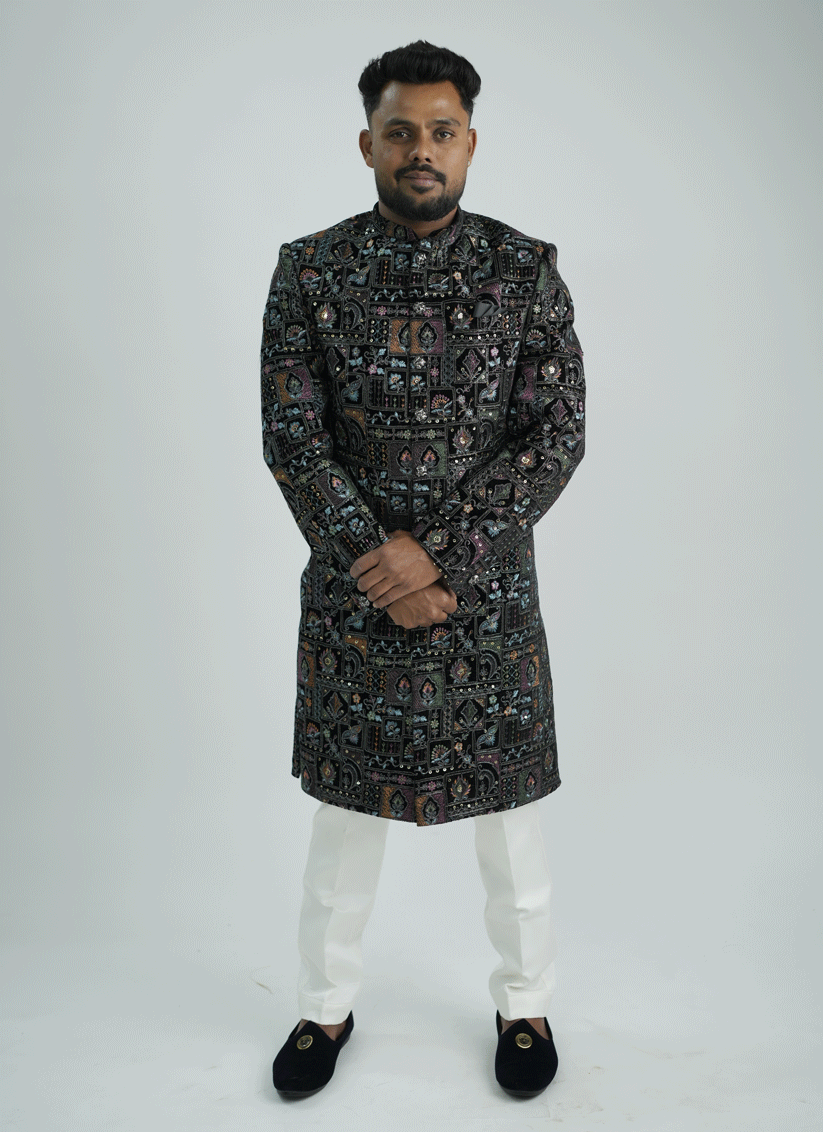 Black Velvet Embroidered Nawabi Set Indo-Western