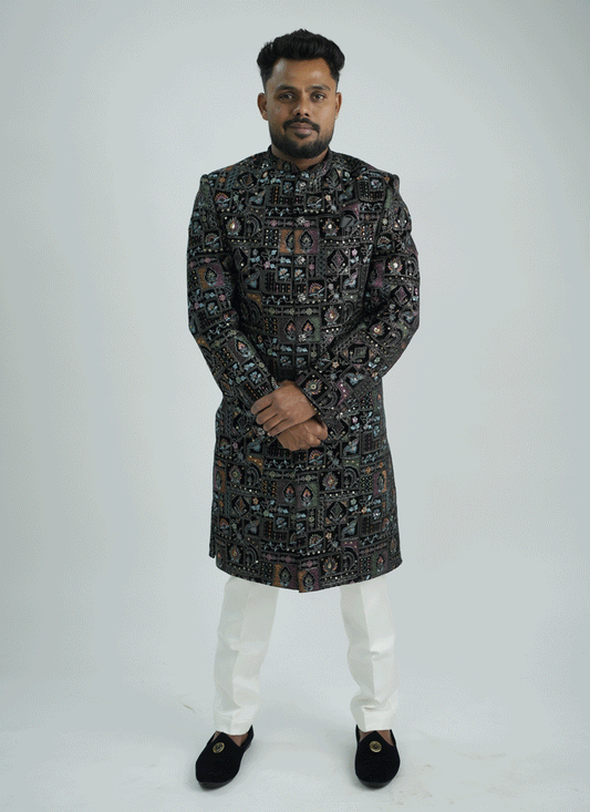 Black Velvet Embroidered Nawabi Set Indo-Western