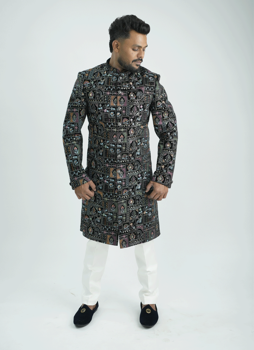 Black Velvet Embroidered Nawabi Set Indo-Western