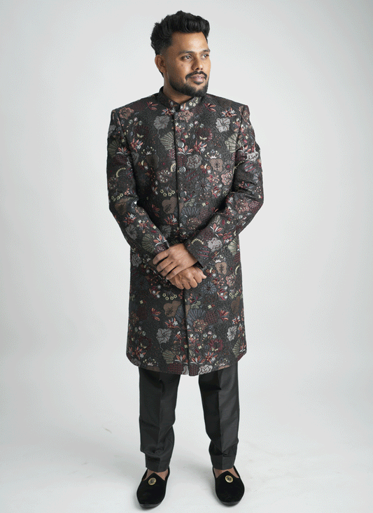 Black Floral Jacquard Nawabi Set Indo-Western