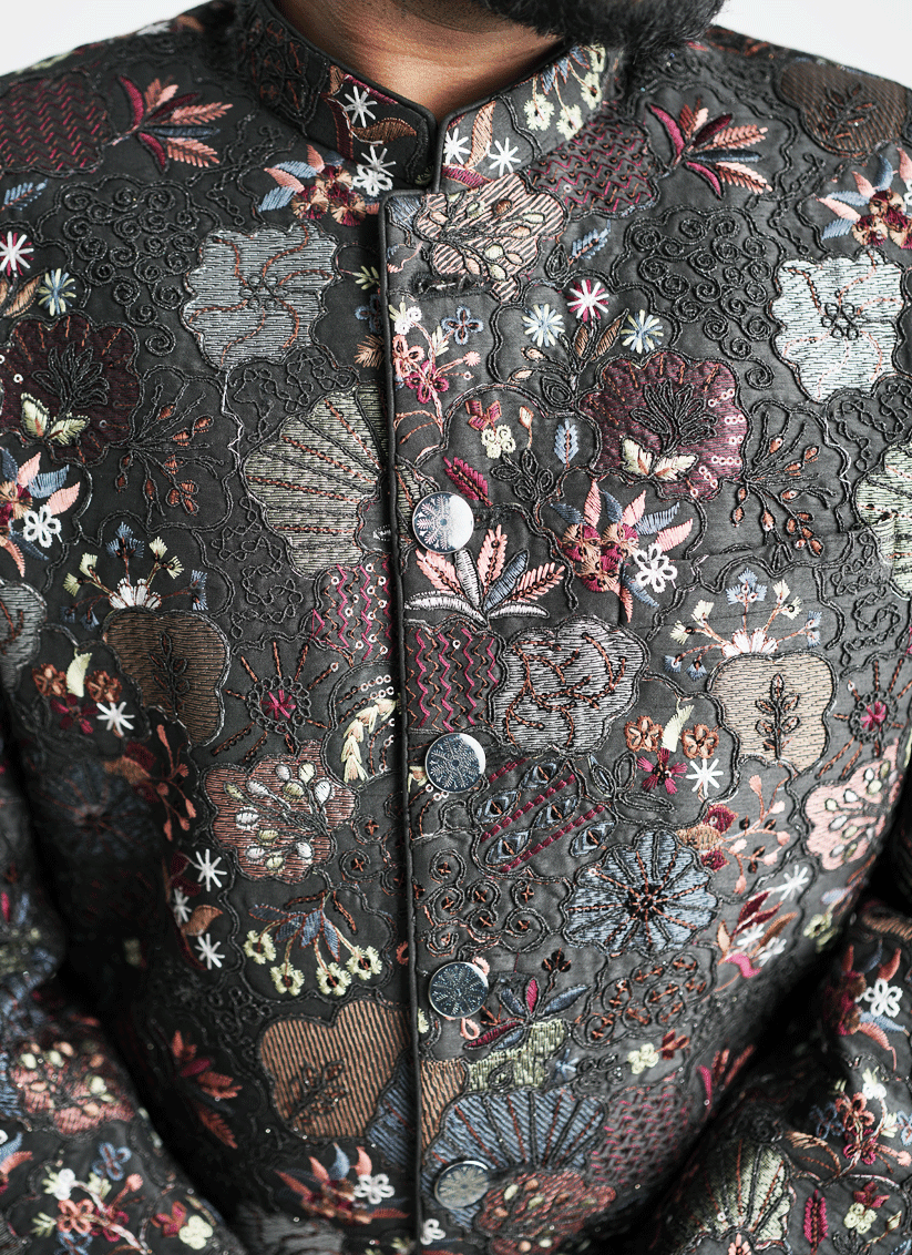 Black Floral Jacquard Nawabi Set Indo-Western