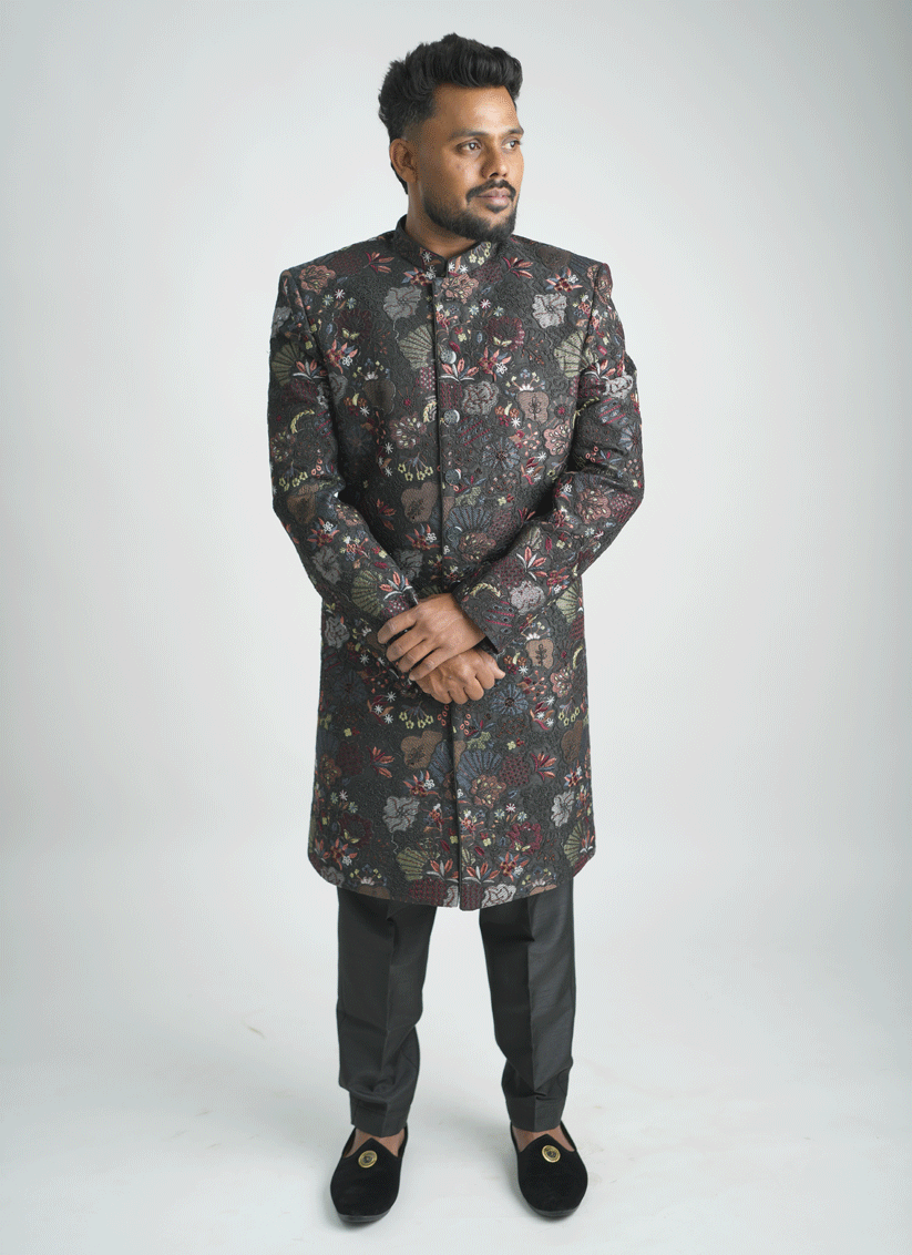 Black Floral Jacquard Nawabi Set Indo-Western