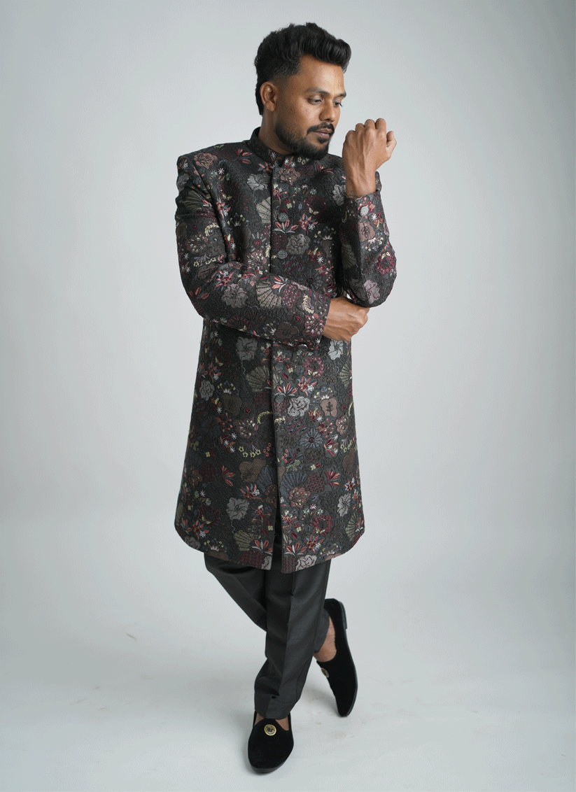 Black Floral Jacquard Nawabi Set Indo-Western