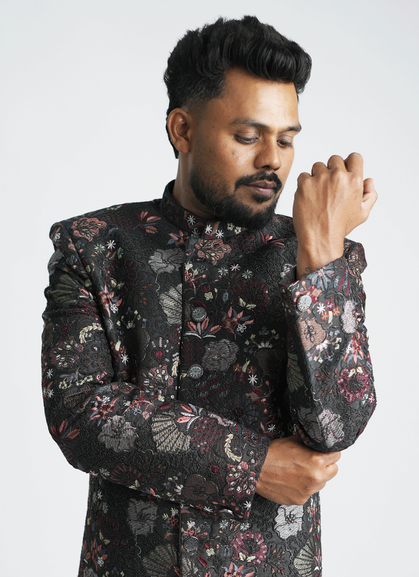 Black Floral Jacquard Nawabi Set Indo-Western