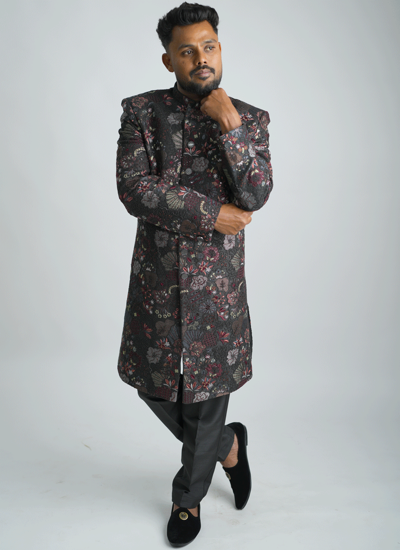 Black Floral Jacquard Nawabi Set Indo-Western